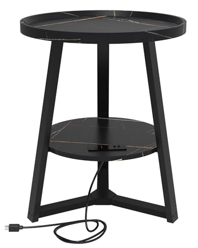 KJGKK Round End Table with Charging Station, 19.7" Dia x 23.63" H, Side Table with Storage Shelf, for Living Room, Bedroom, Faux Marble Top, Black - color: Marble Black