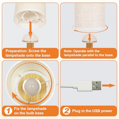 Small Touch Table Lamps Set of 2 with Stepless Dimming&USB Plug, Natural Round Wood Base & Linen Fabric Shade |Soft Ambient Night Light |Minimalist Boho Bedside Lamp for Bedroom,Nursery,Kitchen,Dorm - size: Round - USB Plug Touch - Set of 2