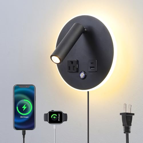 LED Round Wall Sconce with Dimmable Light, 6W+3W 3000K Night Light, Adjustable Plug-in Headboard Lamp with USB & USB-C Ports, Bedside Reading Light for Bedroom(Black) - color: Black