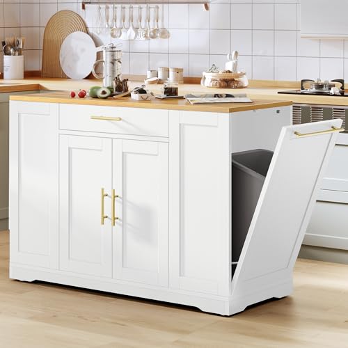 DWVO Large Kitchen Island with Trash Can Cabinet | 53 Inch Kitchen Island on Wheels, Rolling Island with Tilt‑Out Garbage Storage Fits 13 Gallon Bin - color: White