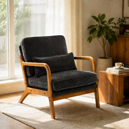 Karl home Mid-Century Modern Accent Reading Chair, Black | Chenille Upholstered, Solid Wood Frame, Soft Cushion, Lumbar Pillow, Lounge Armchair for Living Room, Bedroom, Balcony, Study - color: Chenille Black