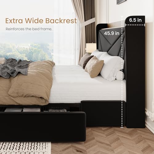 SHA CERLIN Queen Bed Frame, Storage Headboard with Drawers, Charging, Black | Velvet Upholstered Bed, Modern Wingback Headboard, 3 Drawers, USB Charging Station, No Box Spring Needed, Easy Assembly - color: Black, size: Queen