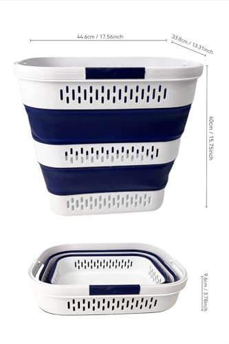 SAMMART 38L (10 Gallon) Collapsible Plastic Laundry Basket - Portable Pop-Up Storage Container/Organizer – Foldable Space Saving Laundry Hamper (2, White/Starry Blue) - color: White/Starry Blue