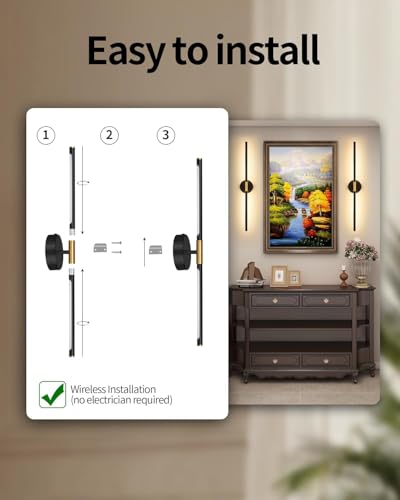 40" Battery Operated Wall Sconce Set of 2, 350° Rotating Lamp, Black Gold | Wireless, 8000mAh Rechargeable Battery, Stepless Dimming, 3000K-6000K, Remote & Touch Control, Timer, Living Room, Bedroom - color: Black Gold, size: 40 Inch (2 Pack)