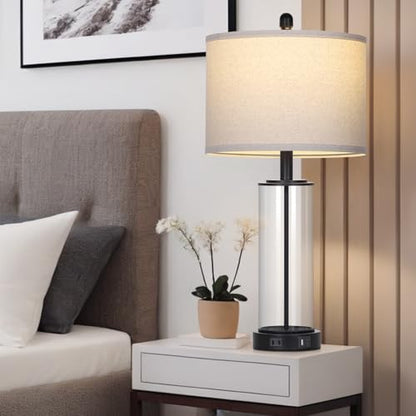 26" Black Glass Table Lamps Set of 2, 3-Way Dimmable Touch Control Living Room Lamp with USB C+A Ports & AC Outlet, Modern Bedside Lamps, Elegant Bedroom Lamps for Nightstand Side End Table Desk - color: Black1