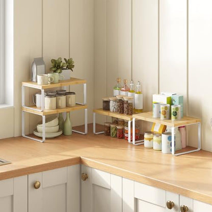 HOOBRO Cabinet Organizer Shelf, Set of 2 Kitchen Counter Shelves, Expandable Kitchen Storage, Stackable Bamboo Spice Rack, for Kitchen, Countertop, Office Desk, Bathroom, Natural and White YW30TL01 - color: Natural, White