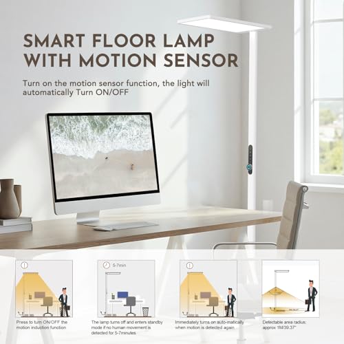 100W Led Floor Lamp Motion Sensor, 9000LM Eye Care Reading Light | 77" Tall Floor Lamp, 4000K Daylight, Full Spectrum, RG0, CRI≥97, Dimmable Bright Standing Lamp for Home Office, Living Room