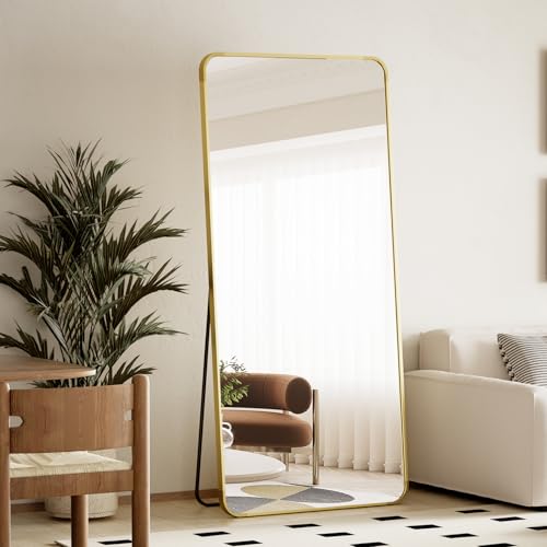 BEAUTYPEAK 66" x 23" Rounded Corner Full Length Mirror with Stand, Gold | Aluminum Alloy Frame with Standing, Leaning, or Wall-Mounted, Ideal for Bedroom, Dressing Room, Entryway, and Living Room - color: Gold, size: 66"L x 23"W