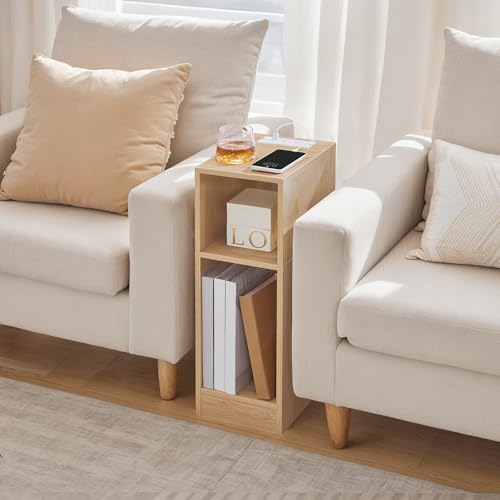 MAHANCRIS Narrow Nightstand, Narrow End Table with Charging Station, Skinny Bedside Table for Small Spaces, Mid Century Modern Night Stand for Bedroom, Living Room, Natural ETNA30E01 - color: Natural