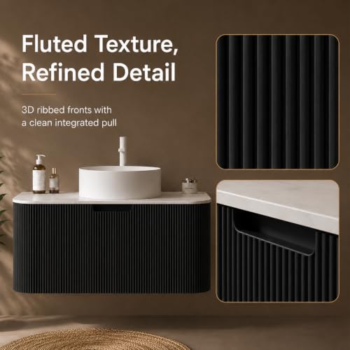 24" Floating Bathroom Vanity with Sink, Wall Mounted Plywood Cabinet, Black Fluted Front, Sintered Stone Countertop, White Round Ceramic Vessel Sink, Soft-Close Drawer, Pre-Assembled - color: Black Cabinet / White Sink, size: 24 Inch