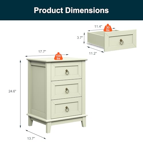 RoyalCraft Farmhouse Tall Nightstand Set of 2, Painted Wooden Bedside End Table with 3 Storage Drawers, Rustic Side Table for Bedroom, Living Room, Light Green - size: 2 Piece