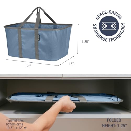 CleverMade Collapsible Laundry Tote, 50L Carry-All Tote, 2 Pack, Denim | Carry a Full Load with One Hand | Long Center Handles Balance 55 lb, While the Steel Rim Holds Shape and Folds Flat - color: Denim Gray