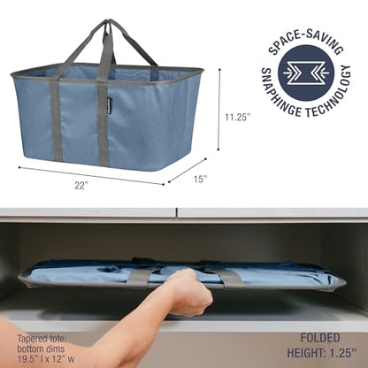 CleverMade Collapsible Laundry Tote, 50L Carry-All Tote, 2 Pack, Denim | Carry a Full Load with One Hand | Long Center Handles Balance 55 lb, While the Steel Rim Holds Shape and Folds Flat - color: Denim Gray