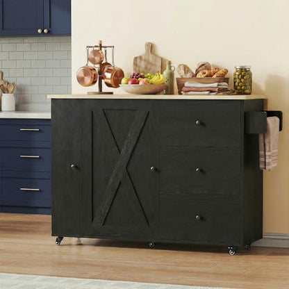 IRONCK Rolling Kitchen Island with Storage & Drop Leaf, 47.2" Kitchen Cart | with 3 Drawers, Spice Rack, Towel Rack, Storage Cabinet, Portable Mobile Island on Wheels, Black - color: Black
