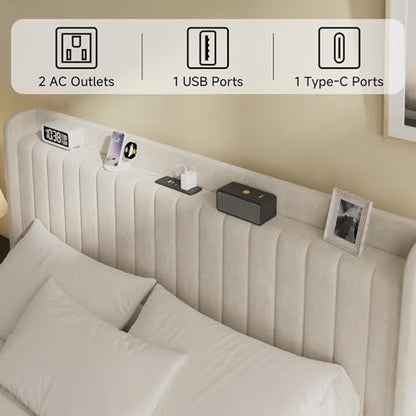 Full Velvet Bed Frame with Storage Headboard & Charging Station | Vertical Channel Tufted, Mattress Non-slip Design, No Box Spring Needed, Noise-Free, Easy Assembly, Sturdy, Wingback - color: Beige, size: Full