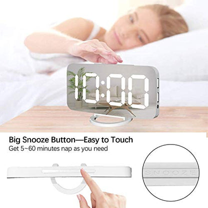 Miowachi White Digital Alarm Clock for Bedrooms, Small Desk Table Bedside Nightstand Cute Decorative LED Mirror Clock for Home Room Office Vanity, USB Charger