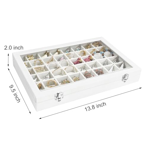 Siveit Velvet Jewelry Tray 48 Grid Jewelry Display Tray Organizer Box with Transparent Lid Rings Earrings Necklaces Pendants Display Box Suitable for Women and Girls (Ivory) - color: Ivory
