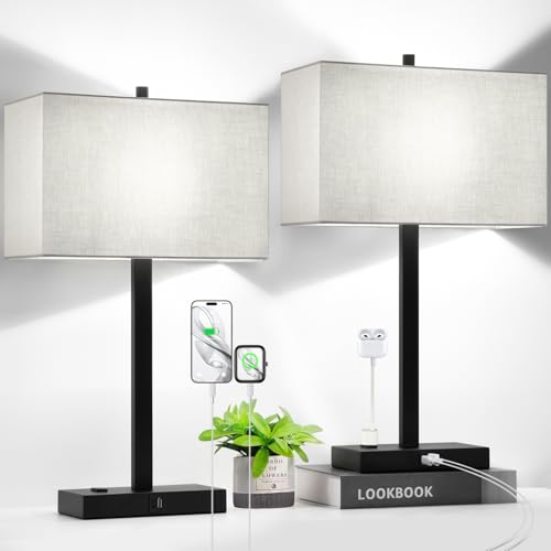 21" Touch Bedside lamps with 2 USB & AC Outlets, 3-Way Dimmable Bedside Table Lamps Set of 2 for Bedroom Living Room Office Reading, Gray Shade Lamps for Night Stands, 5000K LED Bulbs Included - color: (2 Pack)Gray Linen & Matte Black(Base)-5000K Bulbs In