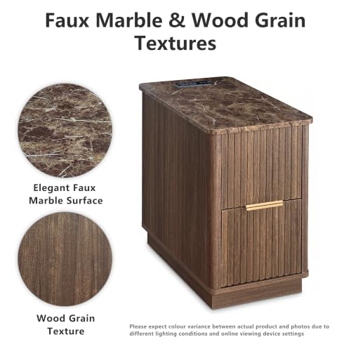 win2win Narrow End Table with Charging Station, Fluted Drawers, Walnut | Tall Small Side Table with Storage , Mid-Century Modern Nightstand with Faux Marble Top , Wood Beside Table for Living Room - color: Walnut