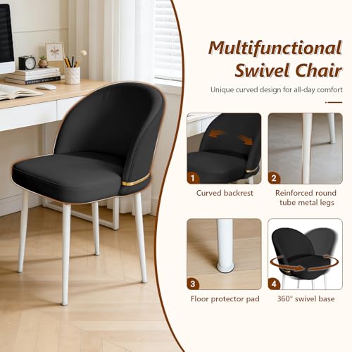 JPBSTO Swivel Vanity Chair No Wheels, Armless Desk Chair with Metal Legs, Accent Dining Chair with Ergonomic Backrest for Bedroom, Office, Dining Room, Black - color: Black, size: Set of 1