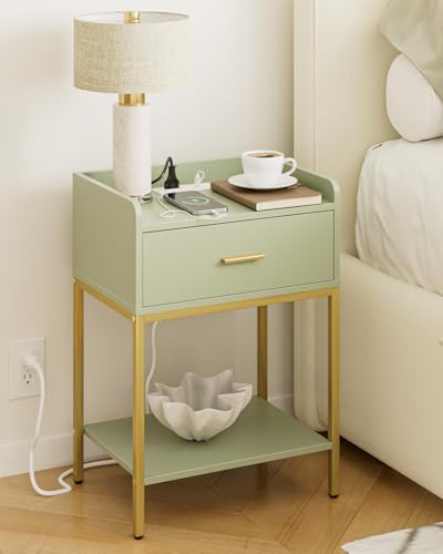 Masupu Nightstand with Charging Station,3-Tier Modern Bedside Night Stand with Storage Drawer and Shelf,Small End Side Table for Bedroom,Living Room,Gold and Green - color: Outlet-green