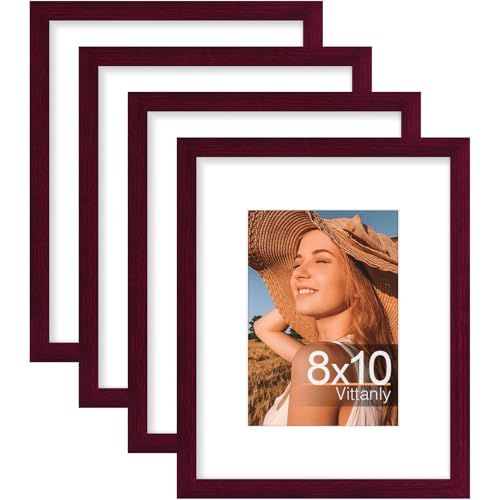 Vittanly 8x10 Picture Frames Set of 4, for Wall or Tabletop, Cherry Red | Display Pictures 5x7 with Mat or 8x10 without Mat, Engineered Wood with Shatter Resistant Plexiglass, Wall Gallery Frames - color: Cherry Red, size: 8x10