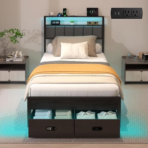 Twin Bed Frames with Storage Drawer, Platform Bed with Charging Station and LED Lights, Upholstered Headboard with 2-Tier Storage Shelves, No Box Spring Needed - size: Twin, style: Modern