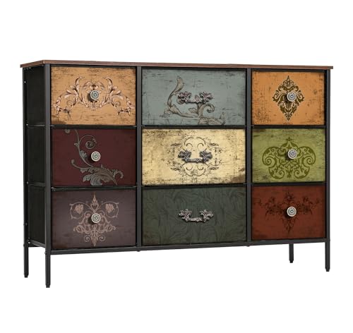 VASICAR Dresser for Bedroom with 9 Deep Fabric Drawers, Wide TV Stand | Horizontal Storage Cabinet, Colorful Chest of Drawers for Closet, Nursery, Entryway, Hallway, Laundry Room - color: Pattern