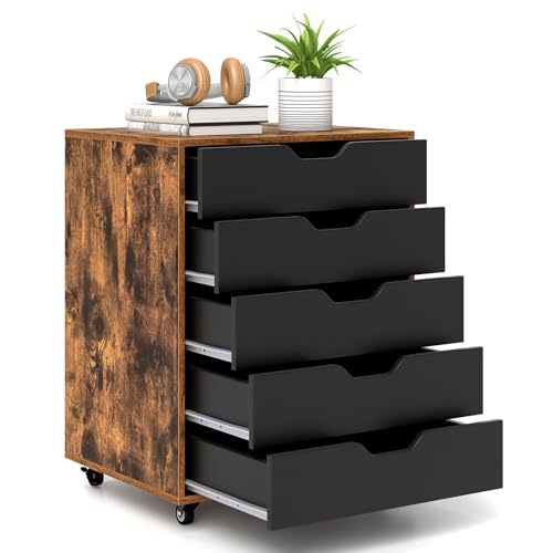 MAT EXPERT 5-Drawer Dresser, Mobile File Cabinet on Wheels, Wood Rolling Storage Drawers Under Desk, Chest of Drawers Home Room Organizer Furniture, Storage Cabinet for Study Office (Coffee) - color: Coffee