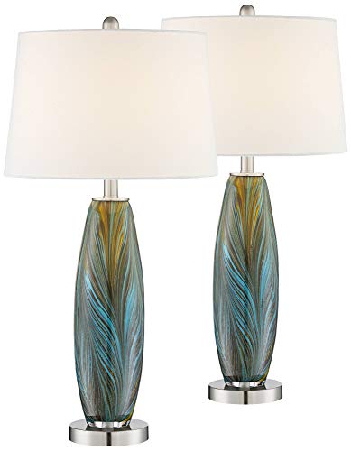 Azure 29 1/2" Tall Table Lamps Set of 2 Blue Art Glass Modern Brown | Colors May Vary. Handcrafted Living Room Bedroom House Bedside Nightstand Home Office Family White Drum Shade - color: Blue Brown