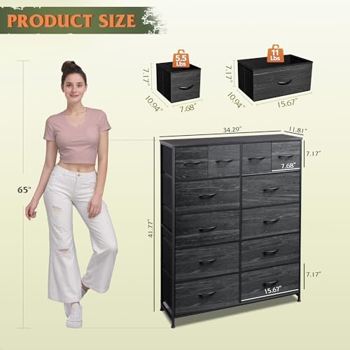 WLIVE 12 Drawer Tall Fabric Dresser Bedroom Storage Chest, Charcoal | Black tall 12-drawer fabric dresser with wood top, modern storage tower for bedroom home office closet living room - color: Charcoal Black Wood Grain Print