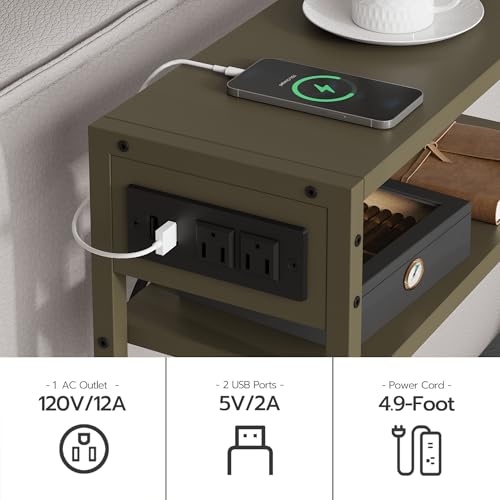 Leomonio Green Side Table with Charging Station, Slim End Tables with Linen Basket, Skinny Table for Small Spaces, Thin Bedside Table for Living Room, Bedroom - color: Forest Green + Camel Brown - Outlet