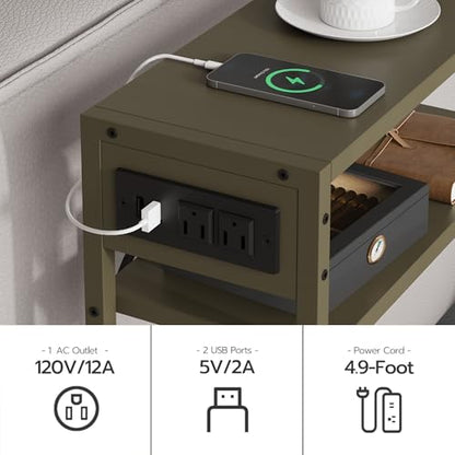Leomonio Green Side Table with Charging Station, Slim End Tables with Linen Basket, Skinny Table for Small Spaces, Thin Bedside Table for Living Room, Bedroom - color: Forest Green + Camel Brown - Outlet