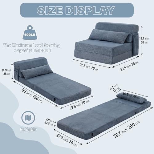 Convertible Folding Sofa Bed Single Size for Adults with Pillow, Plush Fabric Floor Mattress Couch Bed, Washable Cover & Side Pocket, Guest Room, Dorm, Apartment, Living Room, Blue Gray - color: Plush Blue Gray, size: Single Size