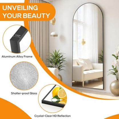 64 x 21 Inch Arched Full-Length Floor Mirror, Black Freestanding Full Body Mirror with Metal Frame for Bedroom & Living Room Decor
