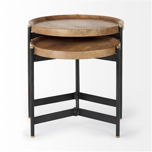 Pemberly Row Nesting Side Tables, 22.5Lx22.5Wx20.8H, Mango Wood Tray Tops, Foldable Black Metal Frames with Gold Accents, Compact Storage, Versatile Accent Tables for Living Room or Bedroom Use