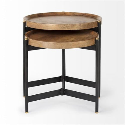 Pemberly Row Nesting Side Tables, 22.5Lx22.5Wx20.8H, Mango Wood Tray Tops, Foldable Black Metal Frames with Gold Accents, Compact Storage, Versatile Accent Tables for Living Room or Bedroom Use