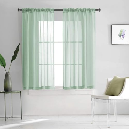 Mint Green Semi Sheer Curtains Rod Pocket 63 Inch Length Faux Linen Curtain Sage Green Sheers for Bedroom Living Room Girls Kids Room 2 Panels 52x63 - color: Mint Green, size: 52"W x 63"L (Pack of 2)