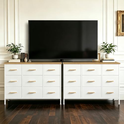 VASICAR Wide TV Stand Modern TV Console, 9 Drawers Dresser for Bedroom | Fabric Storage Cabinet, Chest of Drawers for Closet, Nursery, Living Room（Classic White） - color: White-retro Top