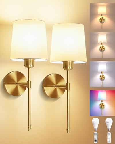 Battery Operated Wall Sconces Set of 2, Wireless Rechargeable Dimmable Wall Light with 5600mAh RGB Bulb and Remote for Bedroom, Living Room, Hallway, Gold, 19in - color: Gold, size: 19 Inch Set of 2