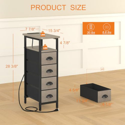 sthmec Nightstand Set 2 with Charging Station, Narrow End Table Set of 2 with 4 Drawers, LED Side Table with Fabric Drawers,Slim Sofa Couch Tables for Small Spaces,Living Room,Bedroom, Grey - color: Grey, style: Power & LED