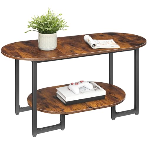 HOOBRO Coffee Table for Living Room, Oval Small Coffee Table with 2-Tier Open Storage Shelf, Industrial Cocktail Tea Table, Wooden Desktop Center Table, Farmhouse, Home Office, Rustic Brown BF09KF01 - color: Rustic Brown