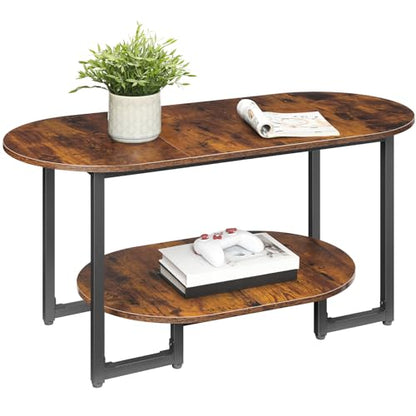 HOOBRO Coffee Table for Living Room, Oval Small Coffee Table with 2-Tier Open Storage Shelf, Industrial Cocktail Tea Table, Wooden Desktop Center Table, Farmhouse, Home Office, Rustic Brown BF09KF01 - color: Rustic Brown