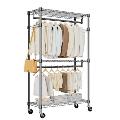 M MZG Heavy Duty Rolling Garment Rack 3 Tiers Adjustable Wire Shelving Clothes Rack with 2 Rods and Side Hooks,Storage Closet Clothing Rack with Wheels Black 15.7" D x 29.5" W x 74.5" H - color: Black, size: 3 Tier with 2 rod, 15.7"D x 29.5"W x 74.5"H