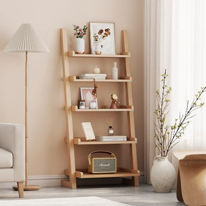 AQIMUELE Wooden Ladder Shelf with Edges, 5-Tier Modern Leaning Bookshelf Ladder – Stylish Space-Saving Bookcase for Living Room, Bedroom & Home Office - color: Natural