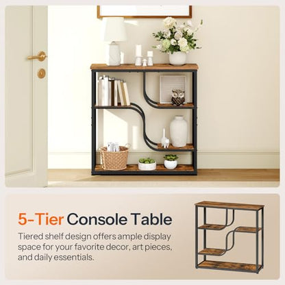 HOOBRO 29.5" Console Table, 5-Tier Narrow Entryway Table, Behind Couch Table with Storage Shelves, Sofa Table for Hallway, Living Rooms, Entryway, Rustic Brown and Black BF69XG01 - color: Rustic Brown + Black