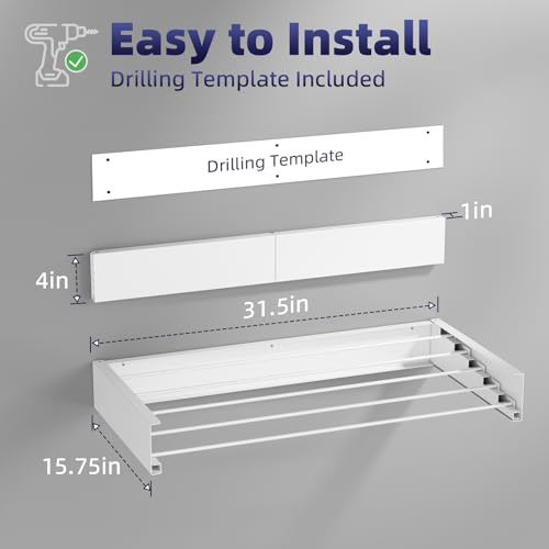 ZMBESUP Wall Mounted Clothes Drying Rack, 31.5" Foldable Collapsible Laundry Rack, Heavy Duty 60 lb Capacity Hidden Space Saver, Includes Wall Template for Laundry Room Indoor Outdoor Balcony (White) - size: 31.5'' Regular