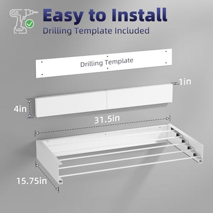 ZMBESUP Wall Mounted Clothes Drying Rack, 31.5" Foldable Collapsible Laundry Rack, Heavy Duty 60 lb Capacity Hidden Space Saver, Includes Wall Template for Laundry Room Indoor Outdoor Balcony (White) - size: 31.5'' Regular