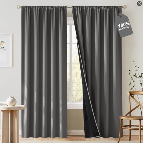 NICETOWN 100% Blackout Doorway 80 inch Curtains, Rod Pocket Room Darkening Privacy Window Treatment for Bedroom/Living Room, Grey, W52 x L80, 2 Panels - color: Grey, size: 52"W x 80"L (Pack of 2)