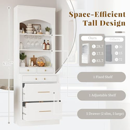 Modern 28.7x17.5x83.7 Inch Tall Kitchen Pantry Cabinet, Freestanding Hutch with Faux Marble Top, 5 Drawers & Adjustable Shelf, Glass Holders, Space-Saving Storage for Kitchen/Dining Room (1, White) - color: White